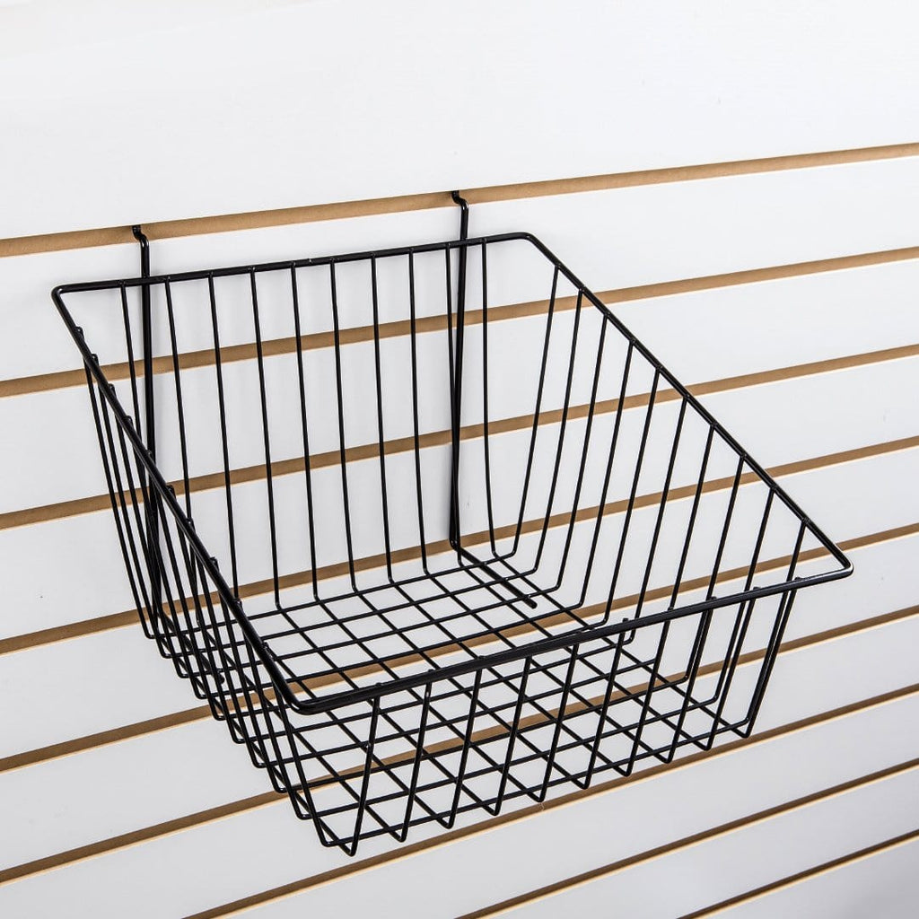 Slant front basket for slatwall and pegboard