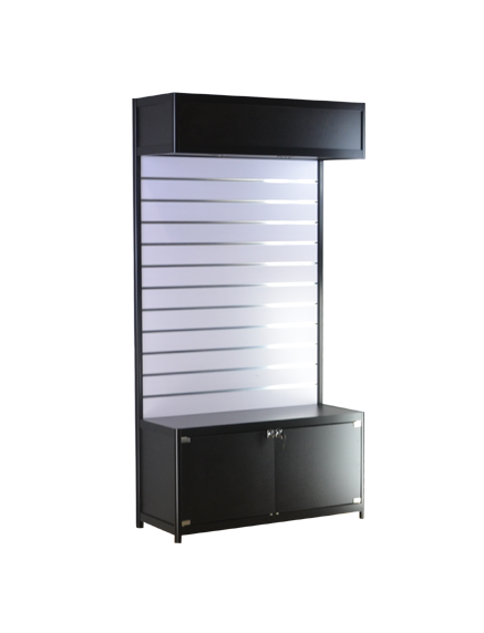 Pre-assembled 39-1/3 x 15-3/4 x 78 - inch black frame, header and storage, white slatwall panel, two LED,   locking hinged doors