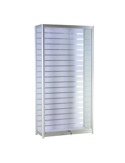 39-1/3x15-3/4x78-inch  Pre-assembled anodized aluminum frame, white top, base and slatwall panel, 2 LED, sliding glass doors