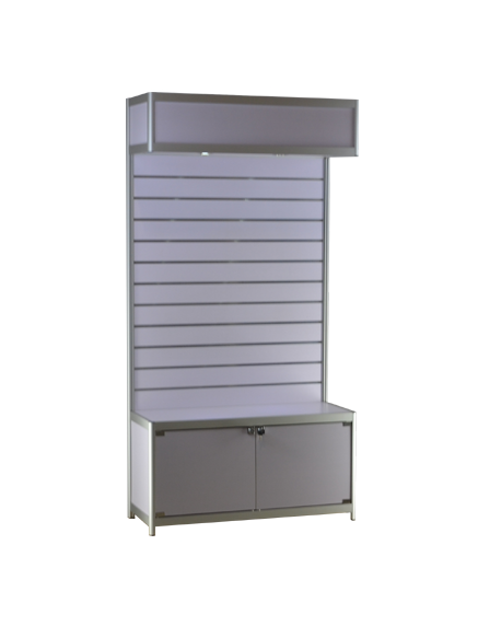 Pre-assembled 39-1/3 x 15-3/4 x 78 - inch anodized aluminum frame, white header, storage and slatwall, LED,   locking hinged doors
