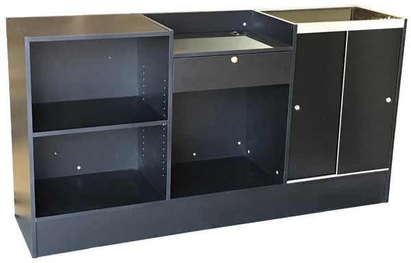 Cash wrap counter with glass display in black - with one drawer, one adjustable shelf and tempered glass