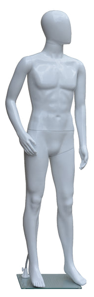 Full Body Male Mannequin, Plastic, White, with Egg Face and Glass Base, Height: 72, Chest: 38, Waist: 29 and Hip: 37 inch