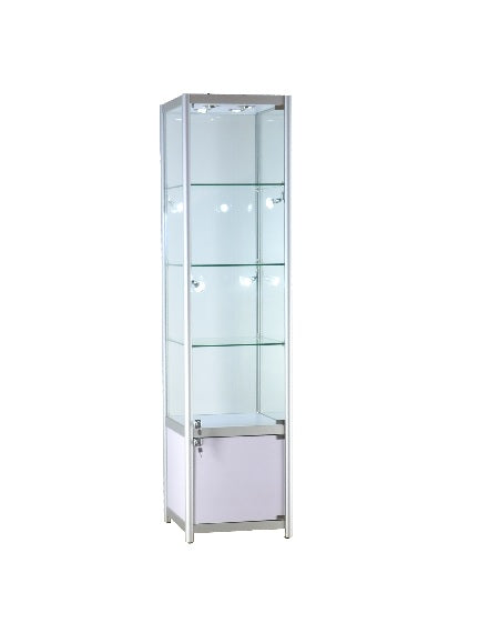 19 1/2 x 19 1/2 x 78 - inch Glass display case silver with storage, 8 LED and lock. All glass tempered, 3 adjustable shelves