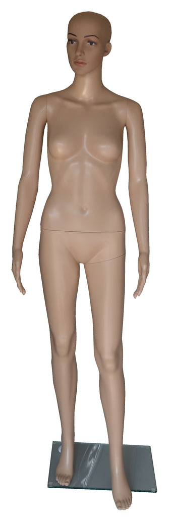 Manikin Female, Plastic, Unbreakable Skin Tone with Glass Base. Height: 68, Chest:32, Waist:24, Hip: 33-Inch.