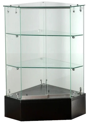 Frameless glass showcase - Corner display case with lock, 18X18X 38 - inch, 6mm tempered glass, 2 glass shelves