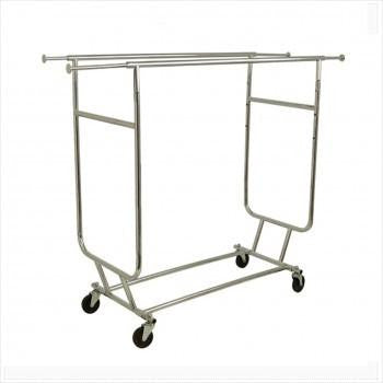 Garment rack - Heavy duty collapsible double hangrail salesman rolling rack chrome
