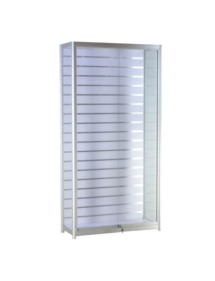  39-1/3x15-3/4x78-inch  Pre-assembled anodized aluminum frame, white top, base and slatwall panel, 2 LED, sliding glass doors