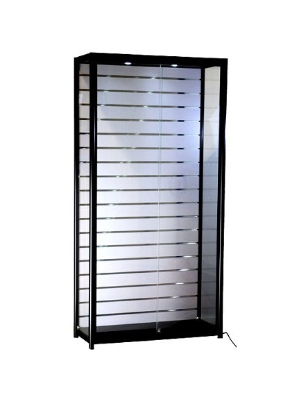  39-1/3 x 15-3/4 x 78-inch  Pre-assembled black frame, top and base, white slat wall back panel, 2 LED, sliding glass doors