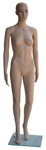 Female Mannequin, Plastic, Unbreakable Skin Tone with Glass Base. Height: 68, Chest:32, Waist:24, Hip: 33-Inch