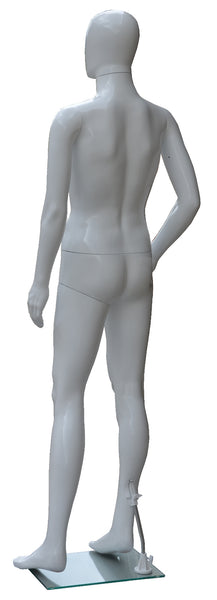 Full Body Male Mannequin, Plastic, White, with Egg Face and Glass Base, Height: 72, Chest: 38, Waist: 29 and Hip: 37 inch