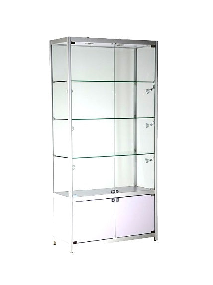 39-1/3 x 15-3/4 x 78 - inch Aluminum glass display cabinet with storage and lock, tempered glass, 3 adjustable shelves