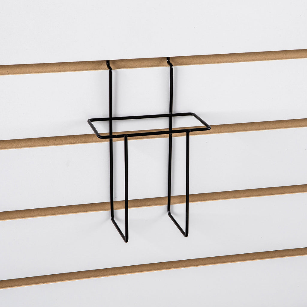 9-1/2''L x 2-1/2''W x 9''H literature holder for slatwall. Available finish: black
