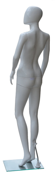 Mannequin with Egg Face in Glossy White for Female, Glass Base, One Arm Bent, One Arm Straight, Plastic and Hard to Break