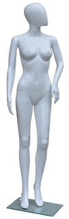 Mannequin with Egg Face in Glossy White for Female, Glass Base, One Arm Bent, One Arm Straight, Plastic and Hard to Break