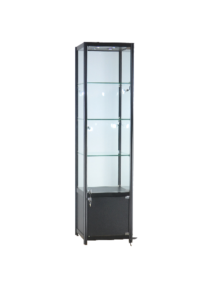  19 1/2 x 19 1/2 x 78 - inch Glass display case black with storage, 8 LED and lock. All glass tempered, 3 adjustable shelves