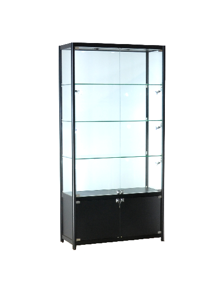 39-1/3 x 15-3/4 x 78 - inch Black aluminum glass display cabinet with storage and lock, tempered glass, 3 adjustable shelves